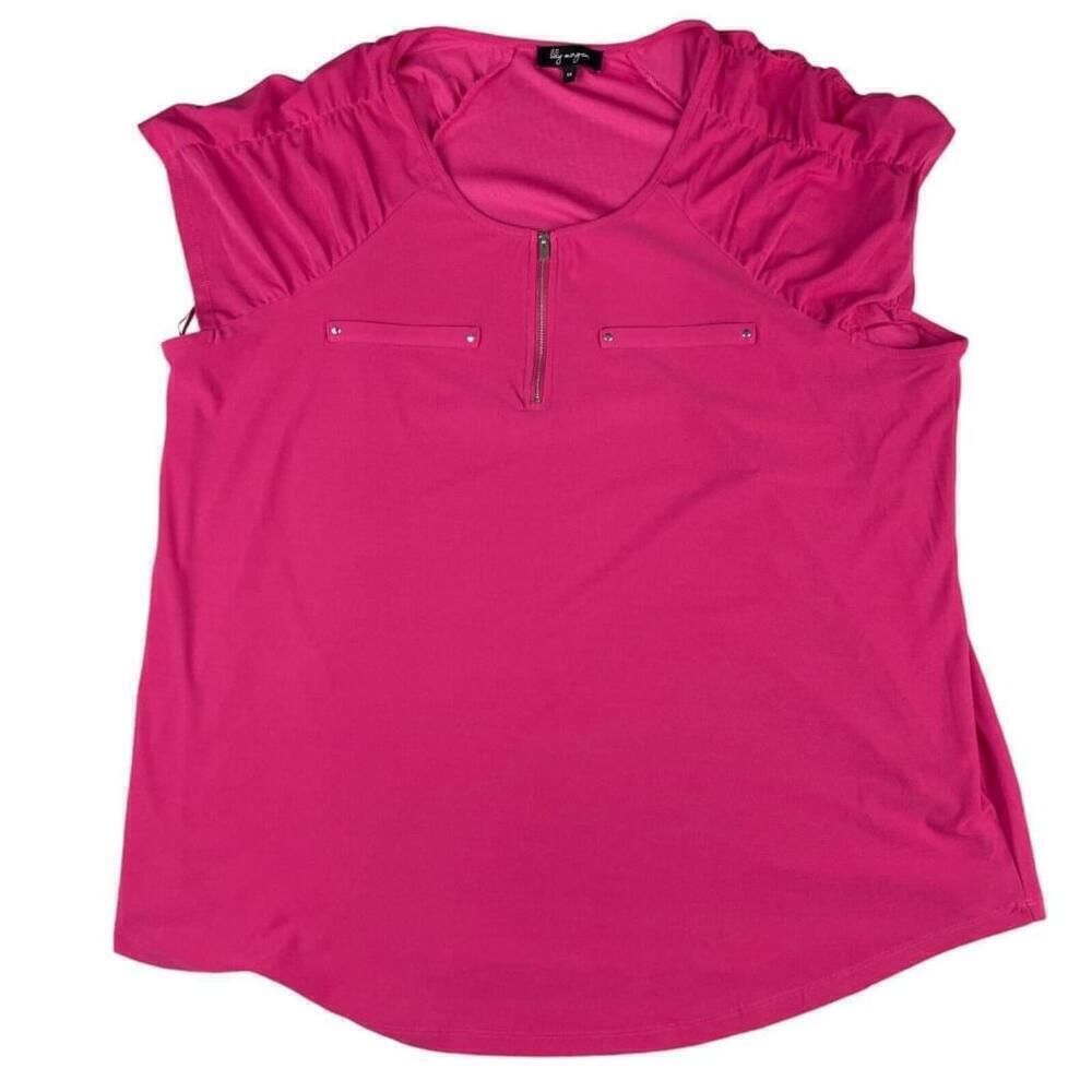 Lily Morgan Blouse Top Women Size 1X Pink Solid Polyester Sleeveless Quarter Zip
